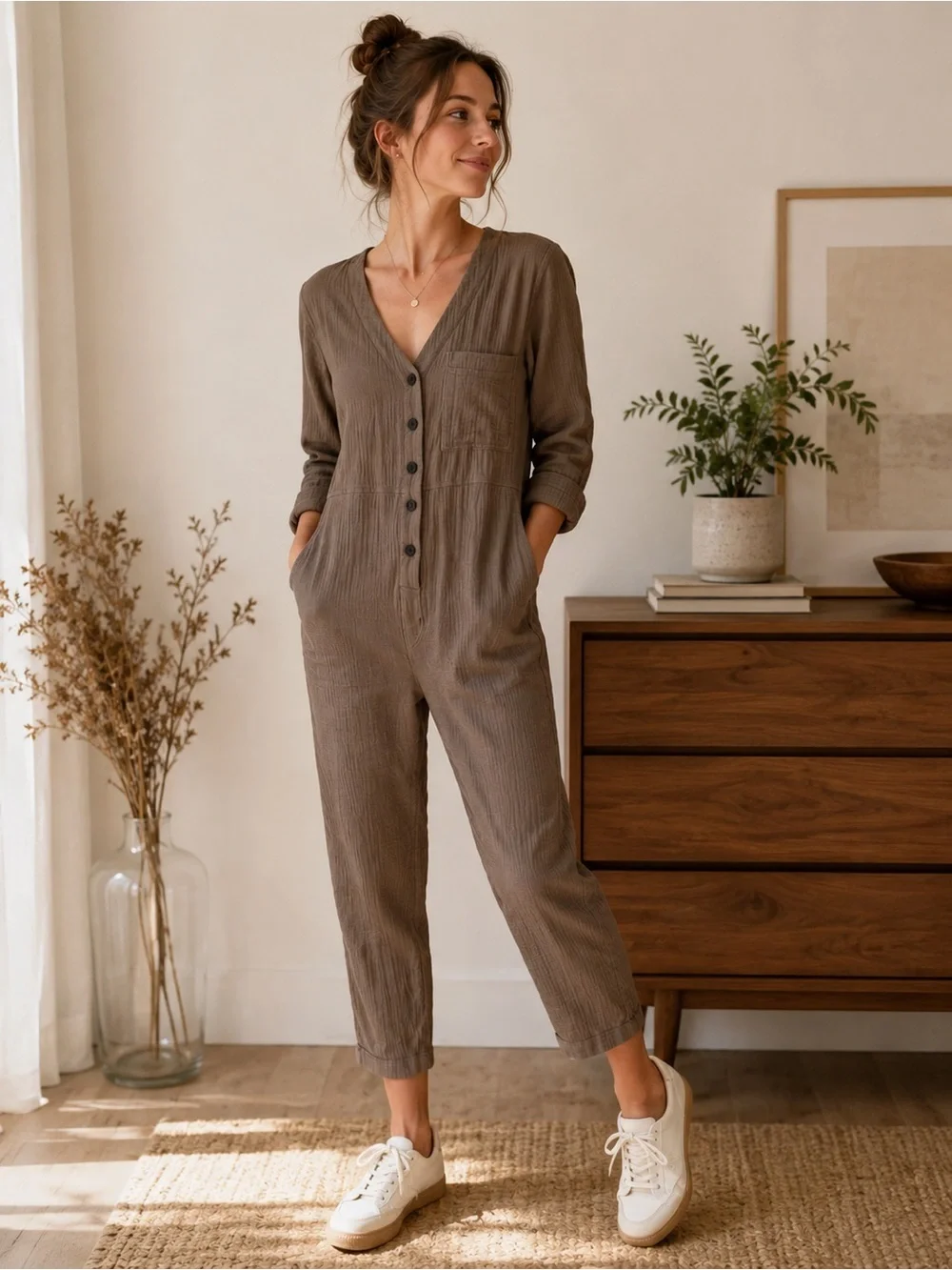 Madewell Brown Gauze Button Front Romper Jumpsuit XXS Neutral Boho 100% Cotton
